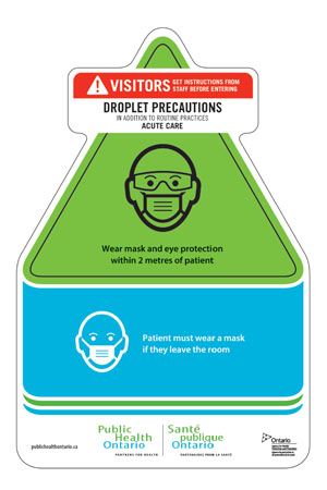 Standardized Infection Prevention and Control droplet caution signage card for hospitals.